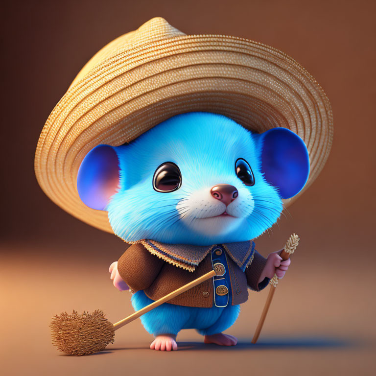 Adorable Blue Mouse with Broom in Straw Hat and Jacket