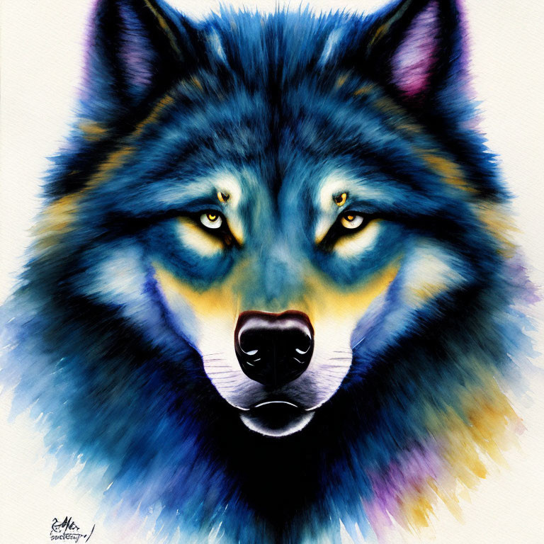 Colorful Wolf Face Painting with Yellow Eyes and Blue-Purple Fur