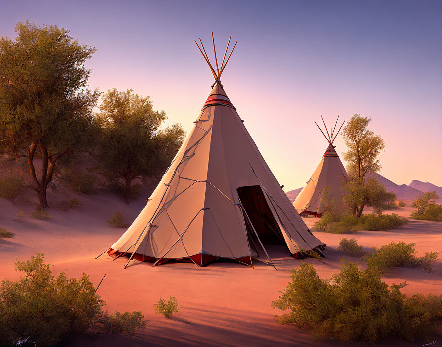 Traditional teepees in tranquil desert landscape at dusk surrounded by shrubs.