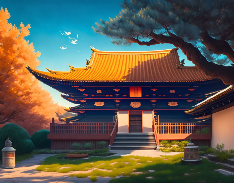 Traditional East Asian Temple Surrounded by Autumn Trees and Birds at Sunset