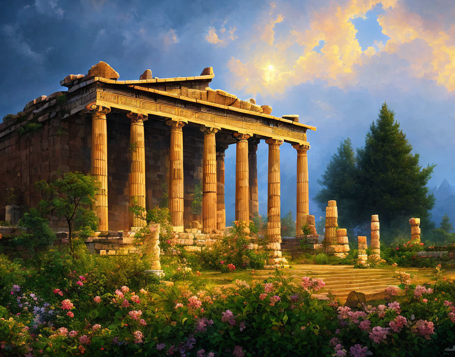 Ancient Greek temple ruins at sunset amidst lush greenery and pink flowers