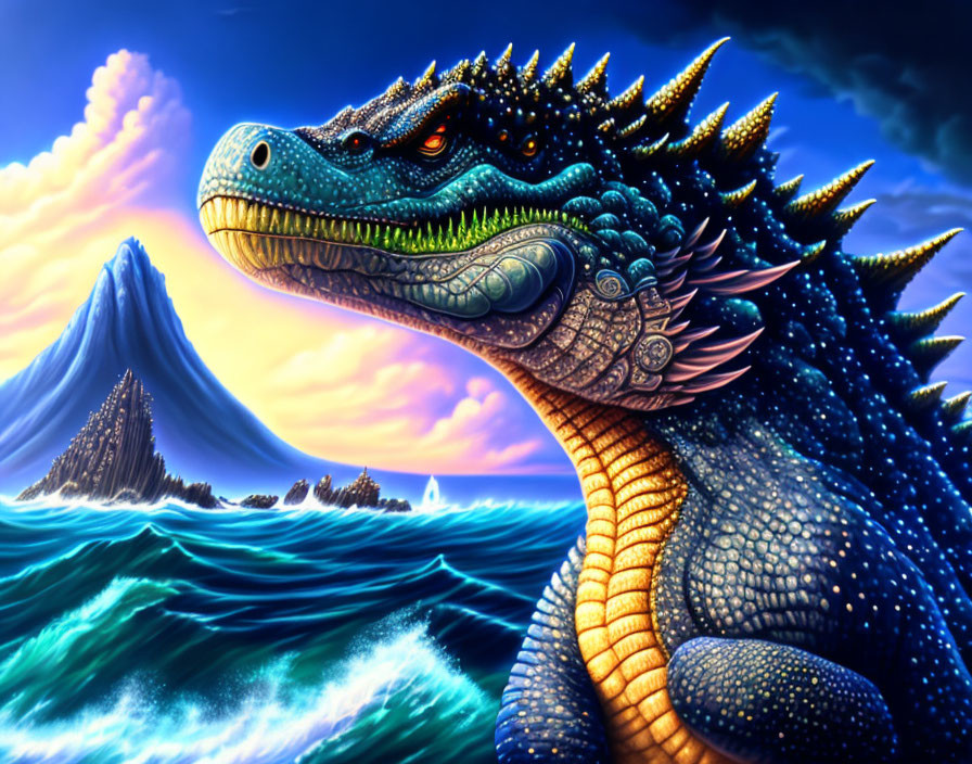 Majestic Blue Dragon Illustration Against Ocean Sunset