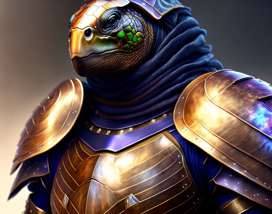 Turtle humanoid in ornate armor with blue scarf and noble warrior helmet