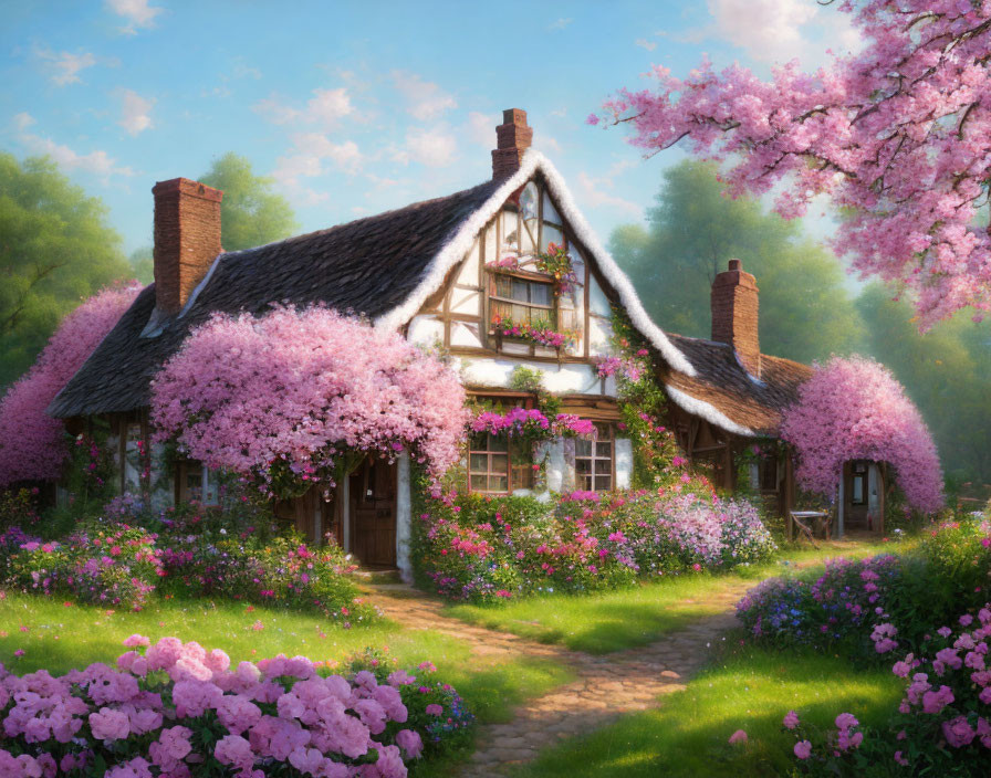 Half-timbered cottage with thatched roof and pink flowers in lush garden