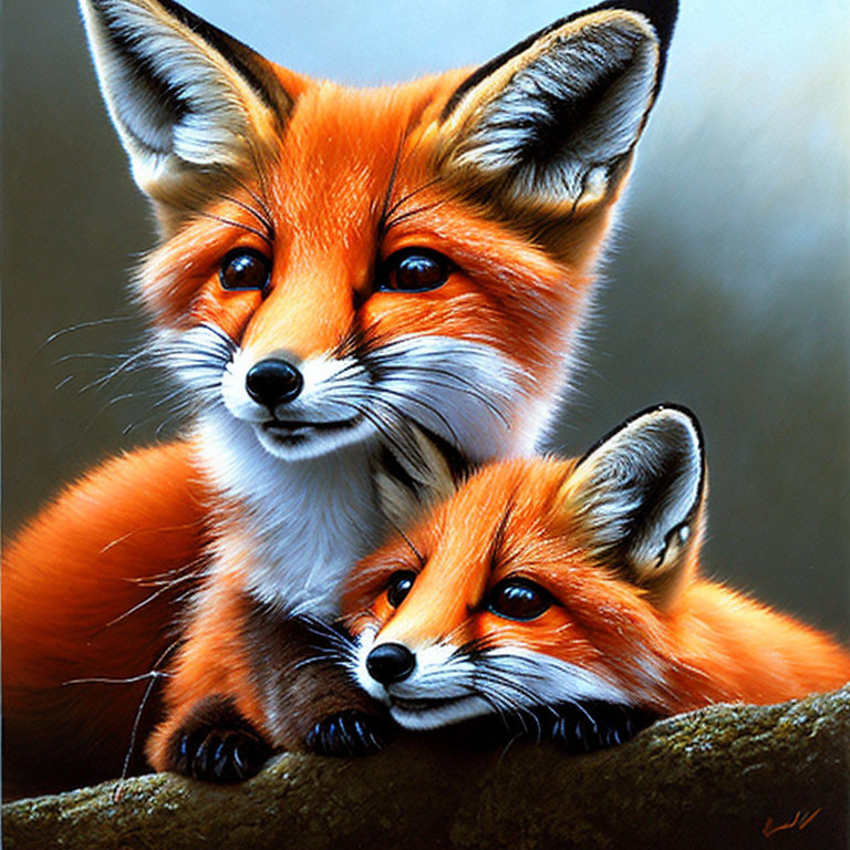 Vividly colored red foxes with fluffy fur and piercing black eyes.