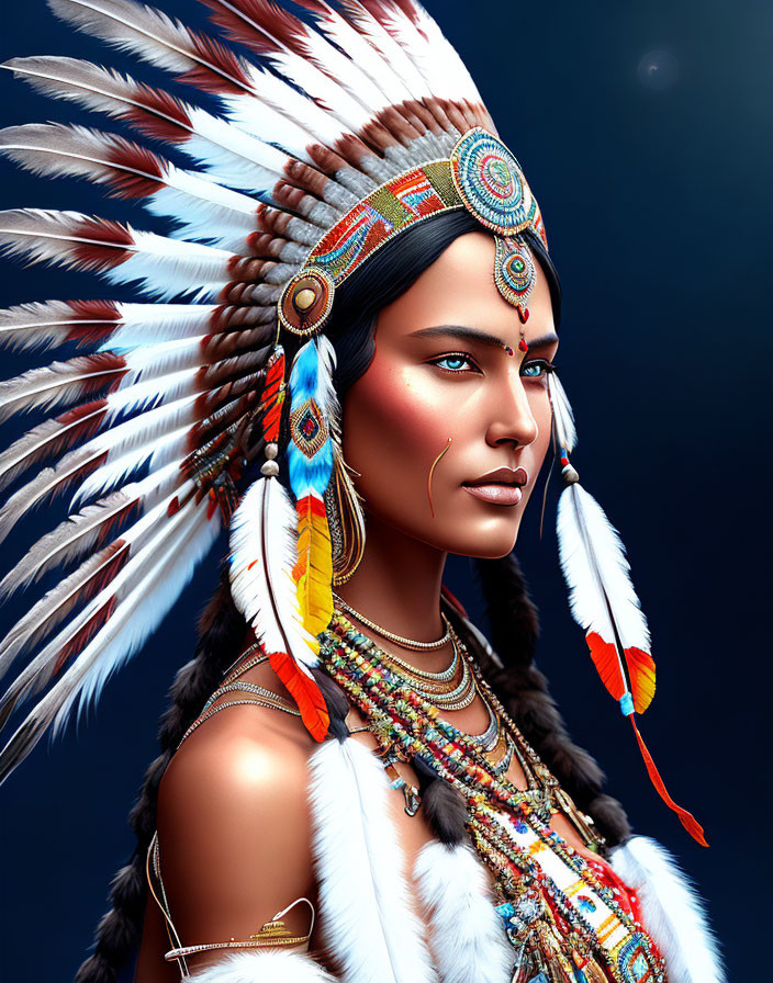 Native American headdress portrait with intricate feather and beadwork on blue background