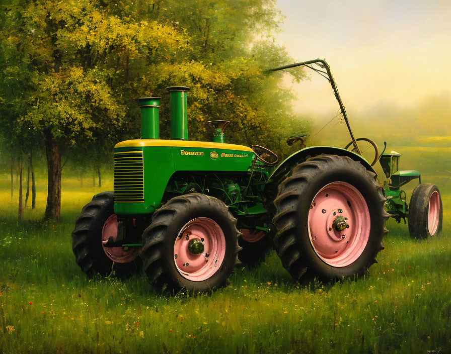 Vintage Green Tractor with Pink Wheels in Misty Green Field