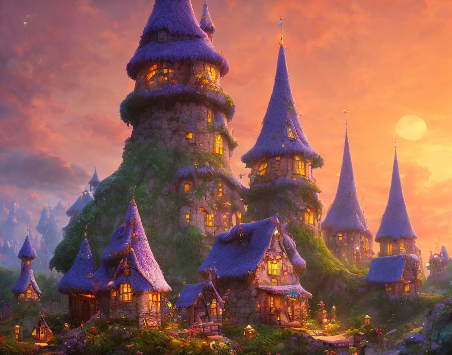 Fantasy village with stone and wood cottages under warm sunset sky