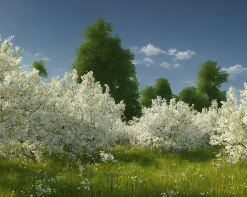Lush meadow with white blooming trees and yellow wildflowers