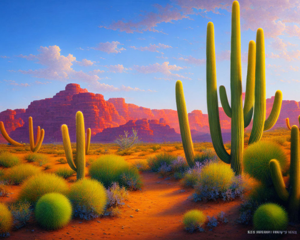 Vibrant desert landscape with tall cacti and rock formations at sunset