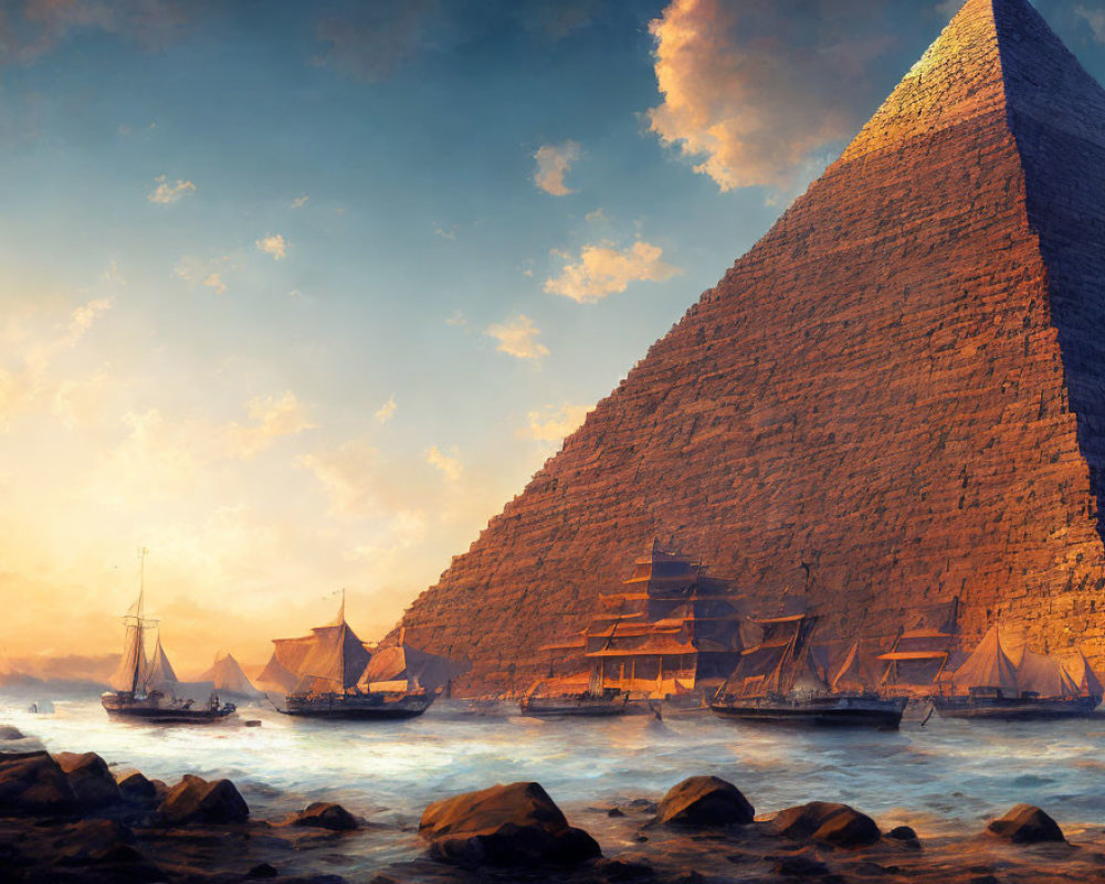 Majestic pyramid by river with sailboats at golden sunset