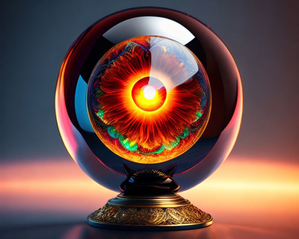 Shiny crystal ball on stand reflecting fiery eye illusion