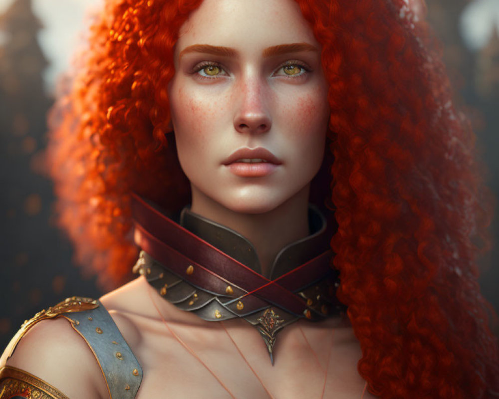 Vivid red hair woman in ornate armor against autumn background