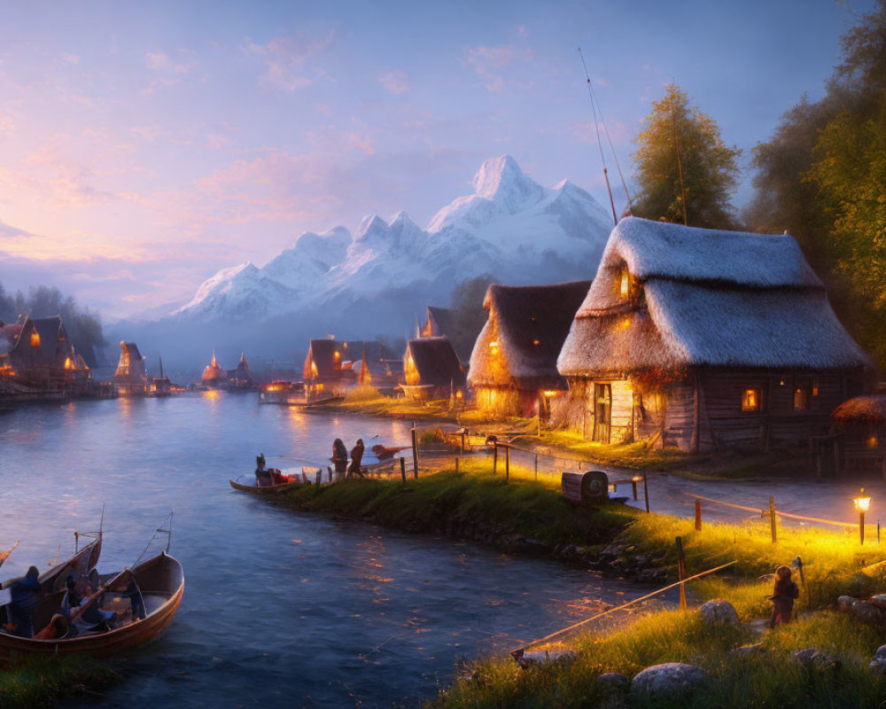Peaceful village scene at dusk with thatched cottages, river, fishermen, boats, lanterns