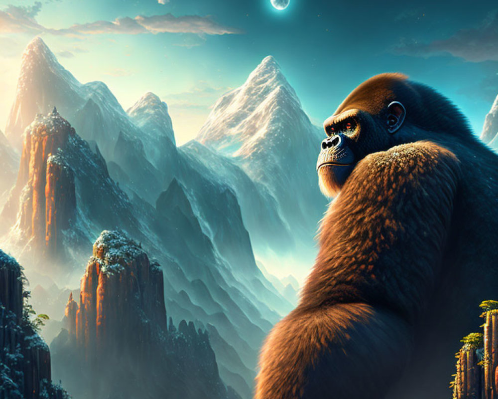 Majestic gorilla in fantastical mountain landscape