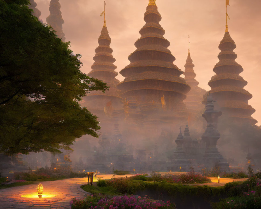 Mystical temple complex at dawn with fog, spires, tree, lantern, flowers, and
