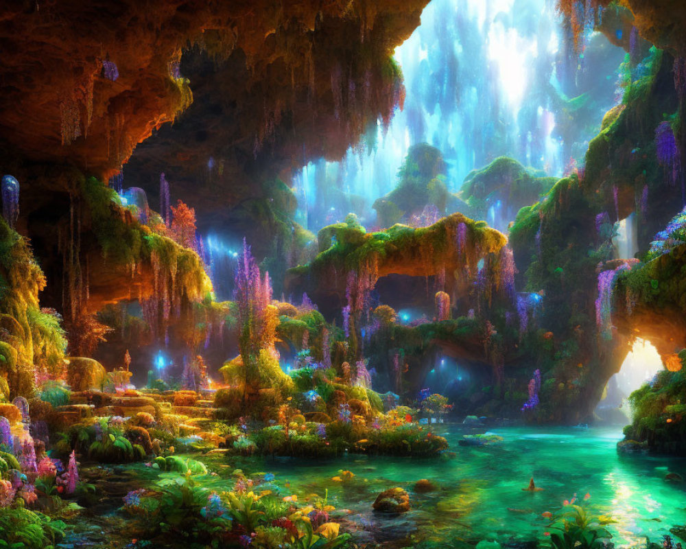 Colorful Cave with Stalactites, Lush Vegetation, and Glowing Turquoise Pool