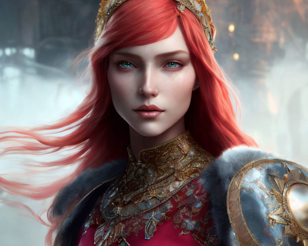 Portrait of a woman with red hair and blue eyes in gold crown and armor, set in mystical forest