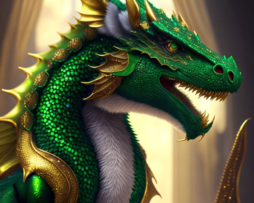 Detailed Green Dragon Illustration with Golden Horns and Armor-like Scales