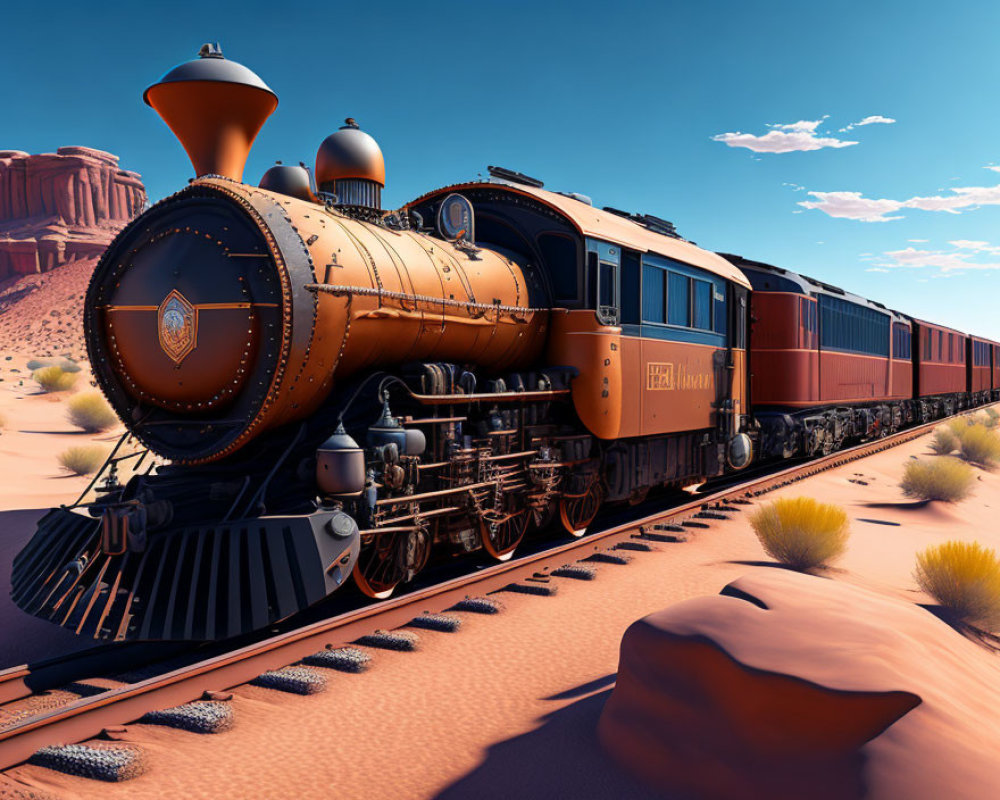 Vintage Orange Steam Locomotive in Desert Landscape