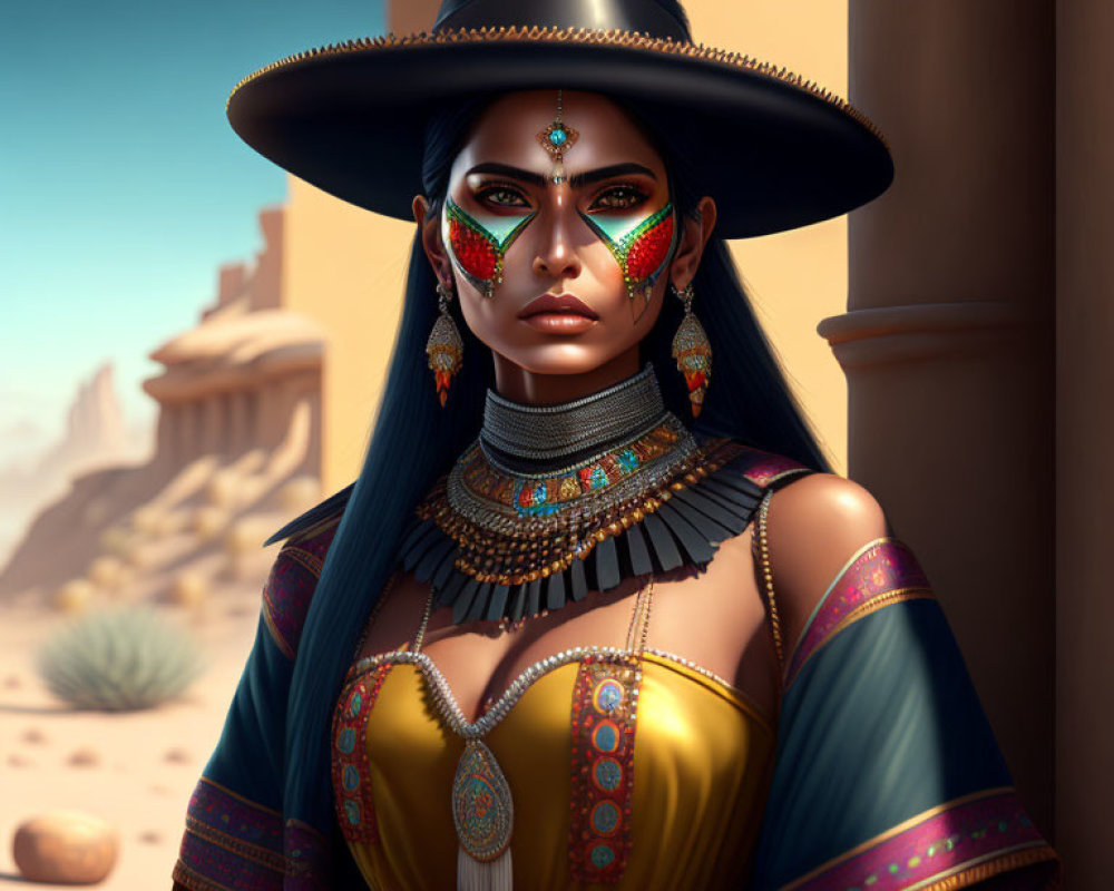Digital portrait of woman with makeup and hat in desert setting