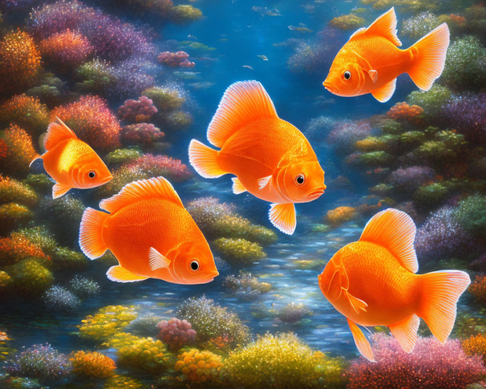 Colorful goldfish swimming in vibrant coral reefs underwater