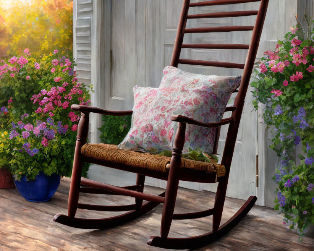 Wooden Rocking Chair with Floral Cushion on Porch Amid Blooming Flowers