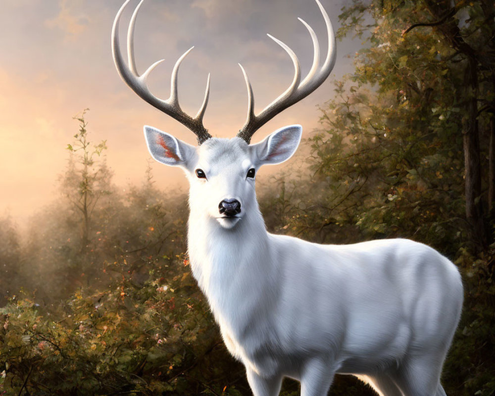 White Deer with Antlers in Misty Forest Clearing Among Autumn Foliage