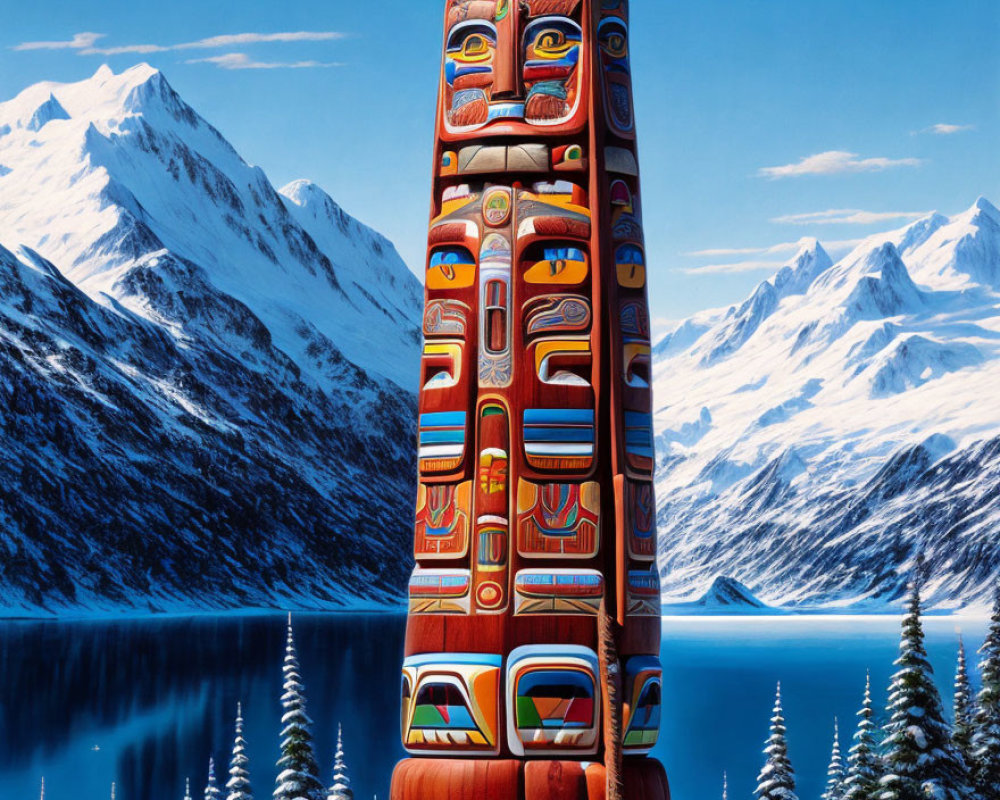 Colorful totem pole by peaceful lake, snowy mountains, evergreens, blue sky