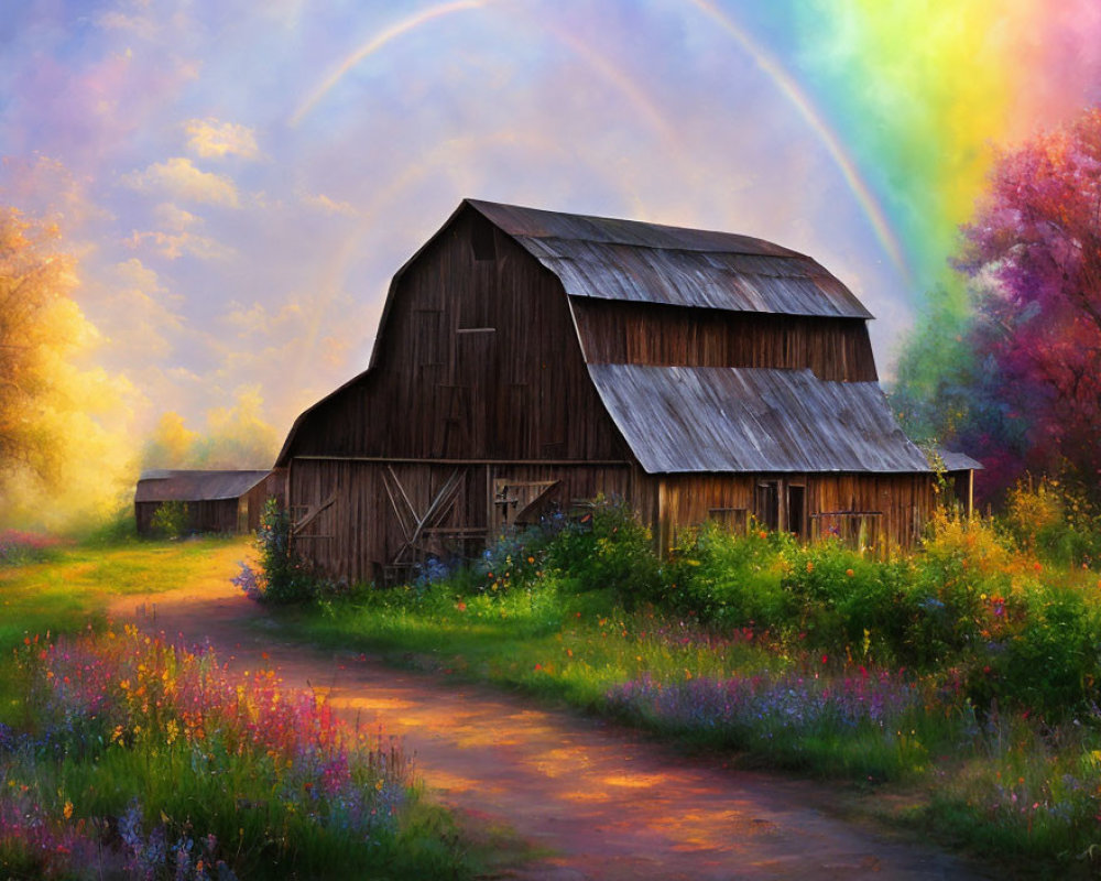 Rustic barn in vibrant floral landscape with rainbow sky