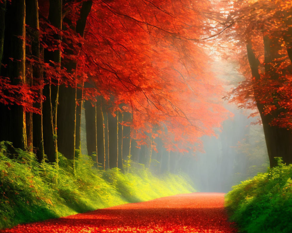 Autumn forest path with red leaves, green grass, and misty light