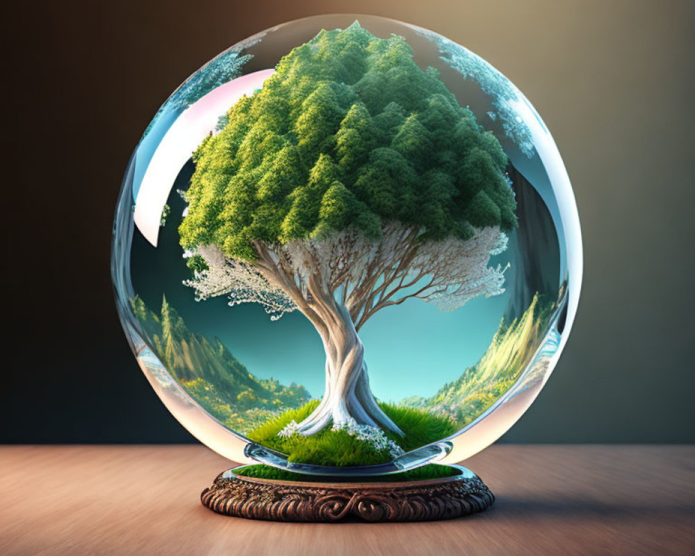 Vibrant tree in transparent sphere with mountain backdrop on wooden stand