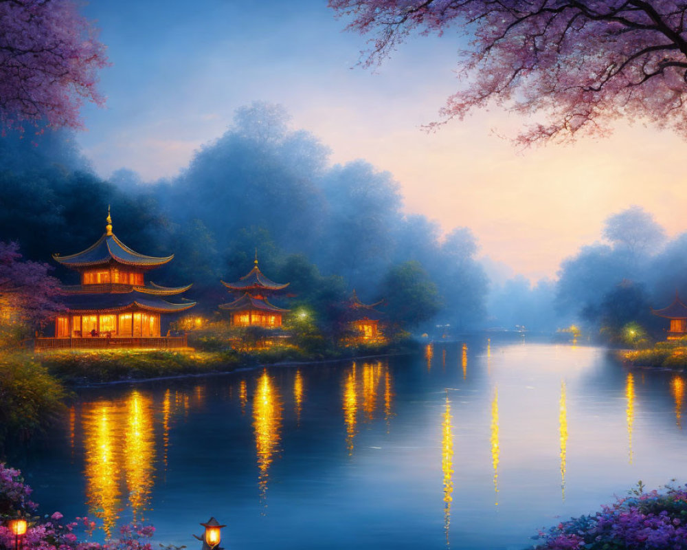 Traditional Pagodas and Cherry Trees Along Calm River at Dusk