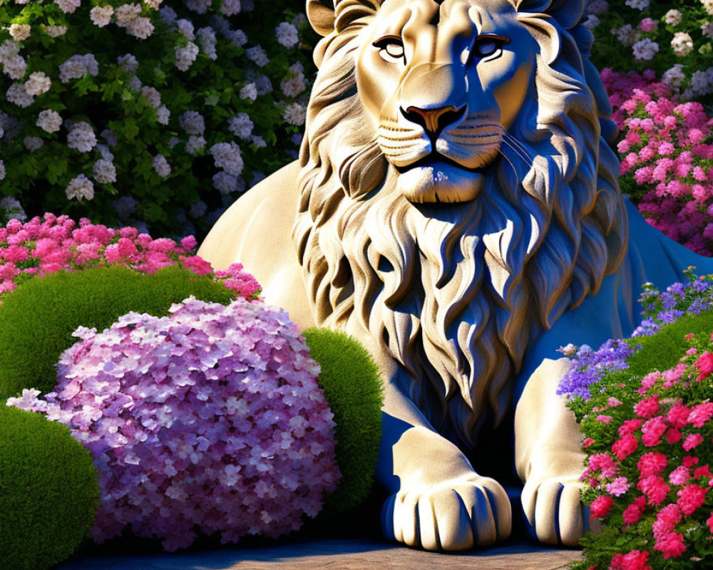 Majestic lion in 3D surrounded by greenery and hydrangea blooms