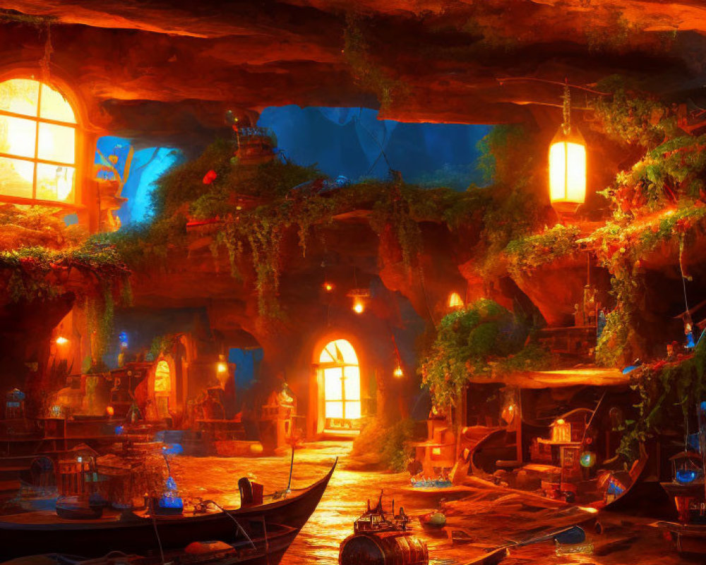 Tranquil underground cavern with boats, lanterns, and lush greenery