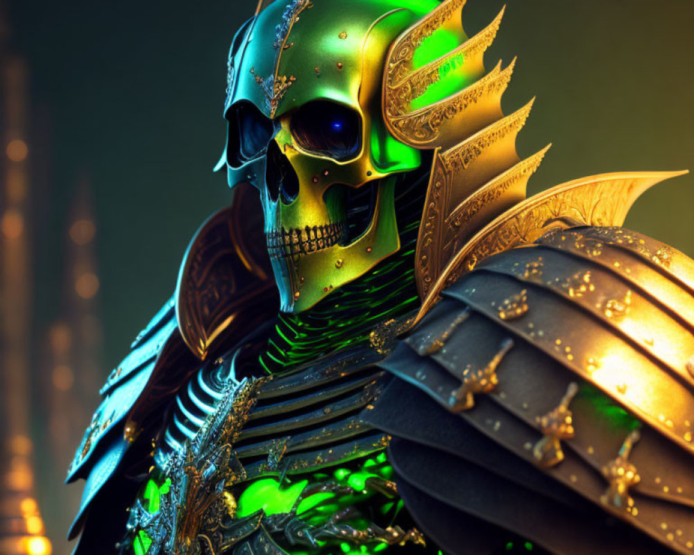 Detailed fantasy armored figure with green skull and golden helmet on dark background