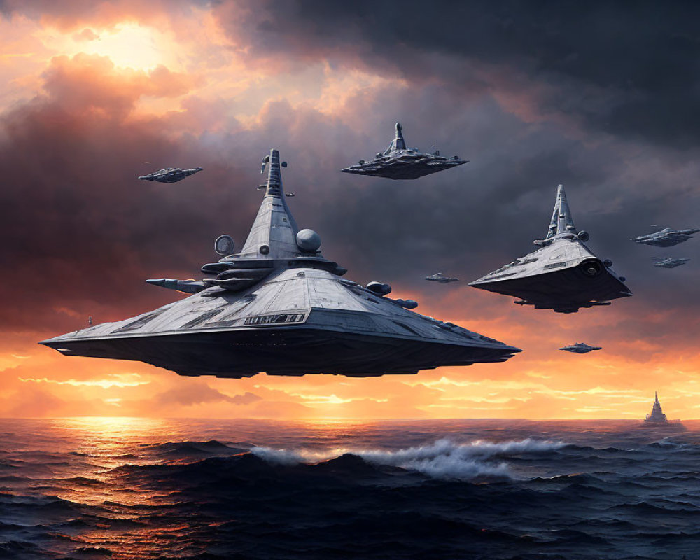 Starships above stormy ocean at sunset with dramatic clouds