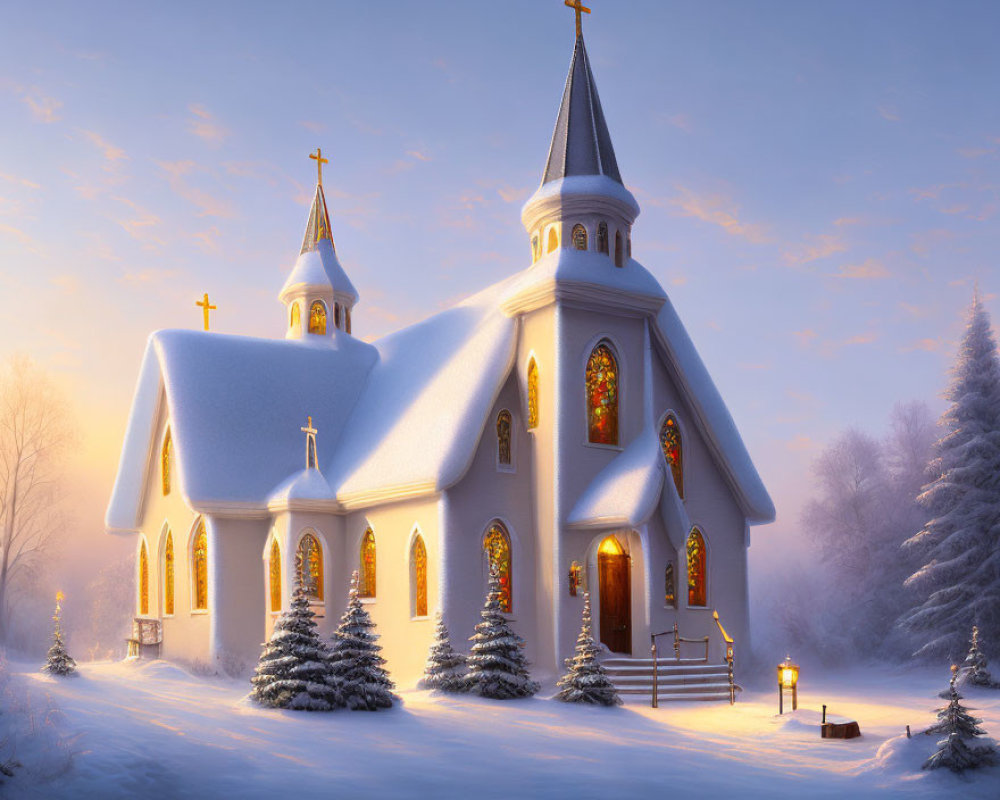 Snow-covered white church with glowing stained-glass windows in picturesque winter scene