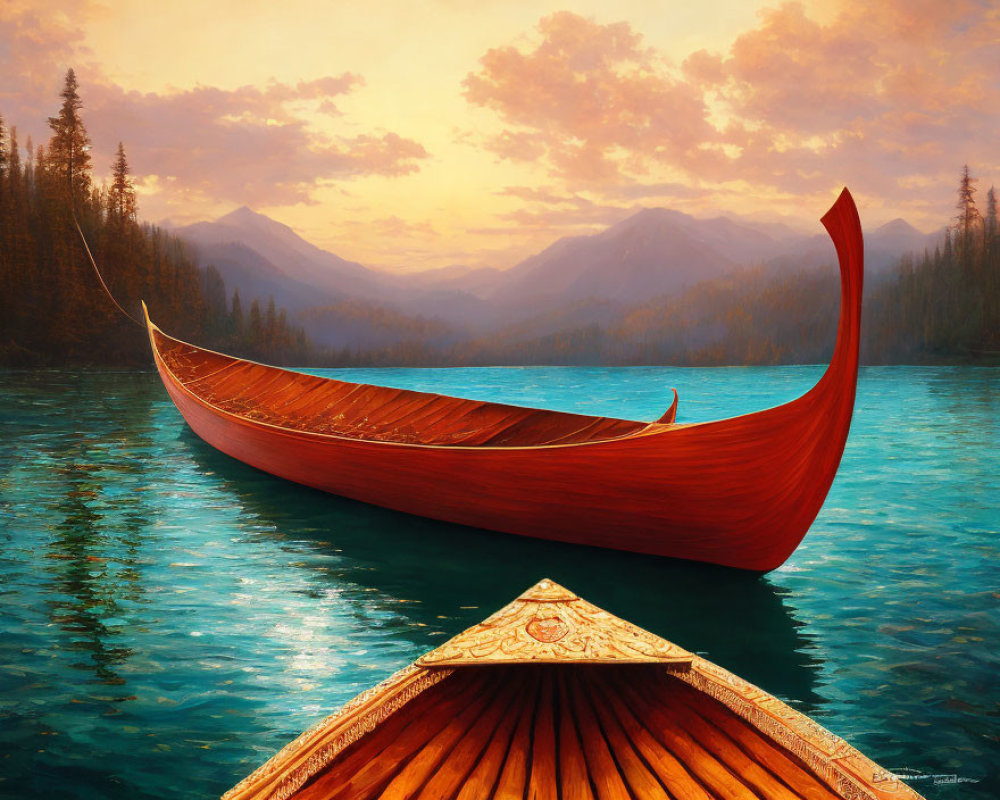 Detailed Wooden Boat in Serene Lake Scene with Forested Mountains at Sunset