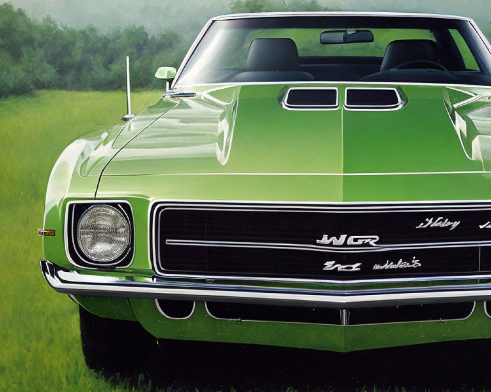 Classic Green Muscle Car with Black Stripe and Chrome Details in Grass Field
