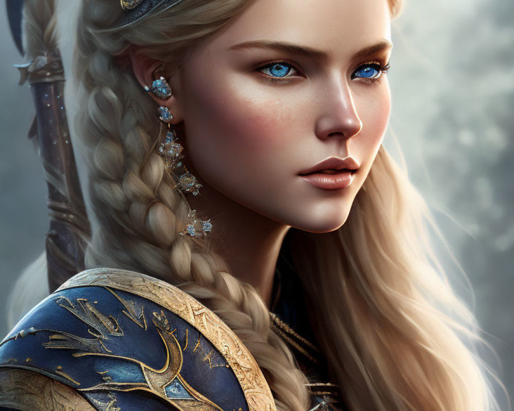 Fantasy Female Warrior Digital Artwork with Braided Blonde Hair