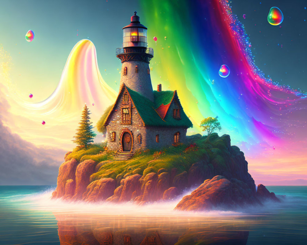 Colorful digital artwork: Lighthouse on islet with aurora and bubbles