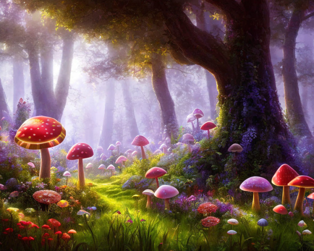 Enchanting forest glade with oversized mushrooms and ethereal sunlight.