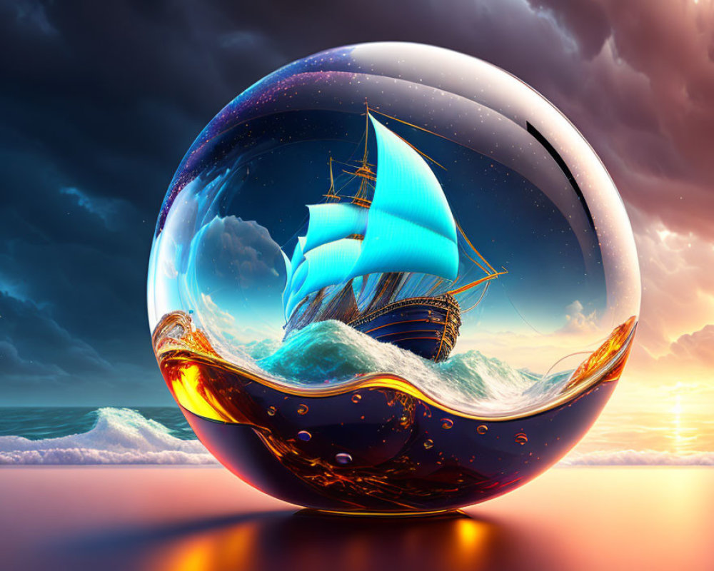Surreal image: ship sailing in transparent sphere with waves under colorful sunset sky