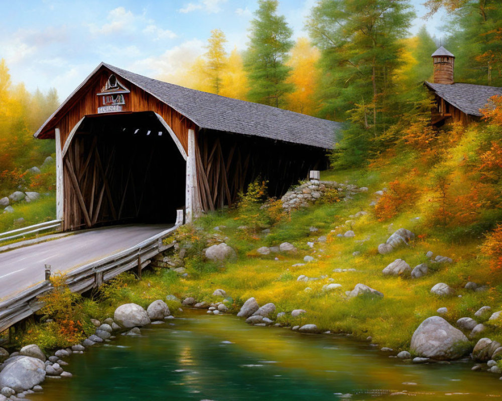 Scenic autumn landscape with covered bridge, river, and chapel