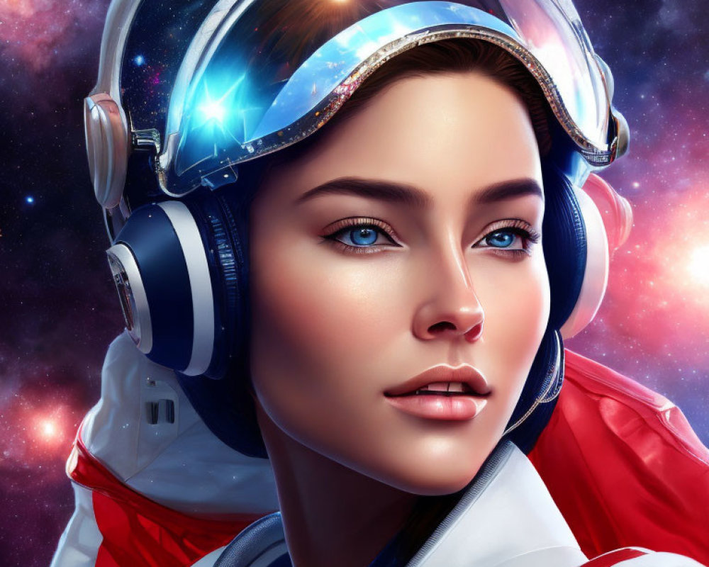 Woman astronaut digital artwork: glossy blue eyes, reflective helmet, headphones, cosmic starry background
