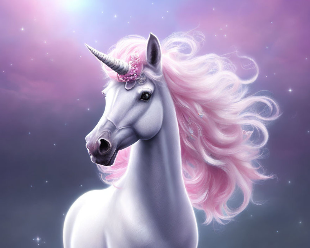 Majestic unicorn with shimmering horn and pink mane on purple starry background