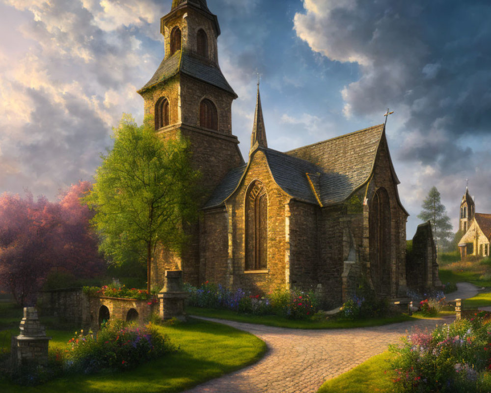 Old Stone Church Surrounded by Lush Gardens and Cobblestone Pathway