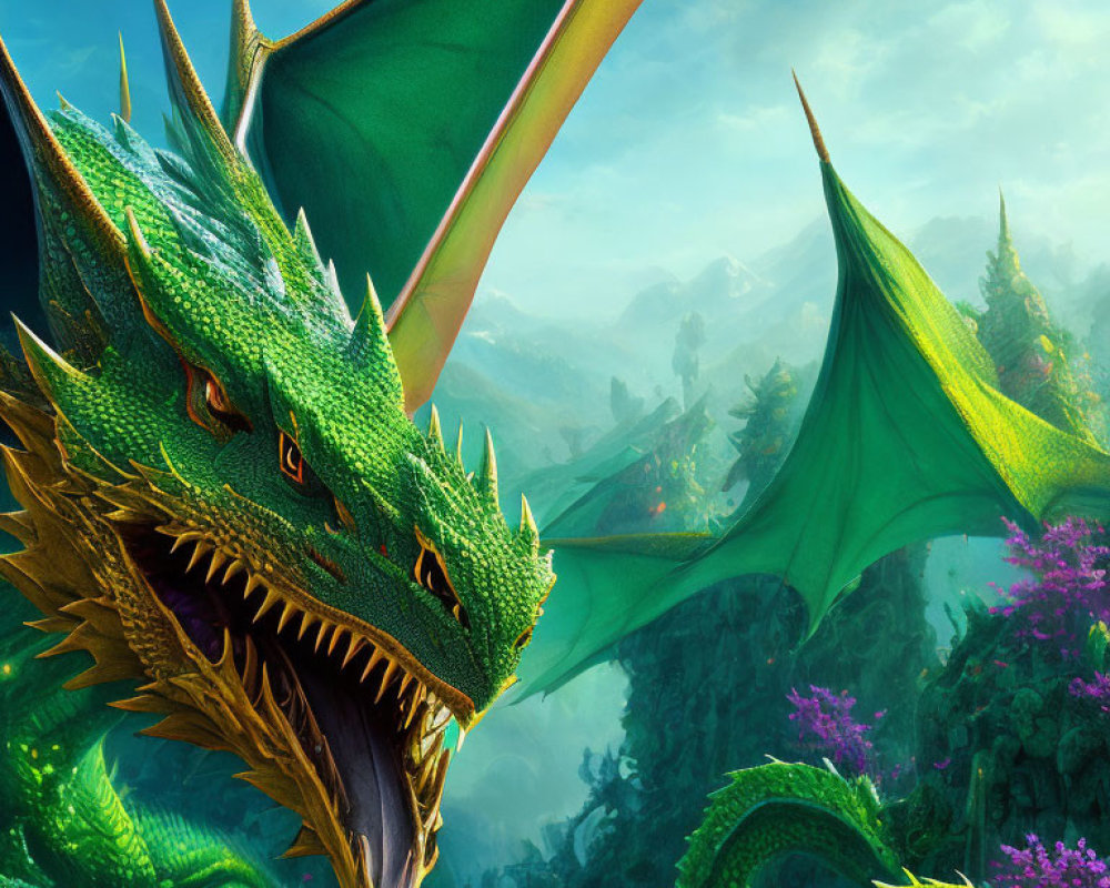 Vibrant digital artwork: Green dragon with large wings in fantasy landscape