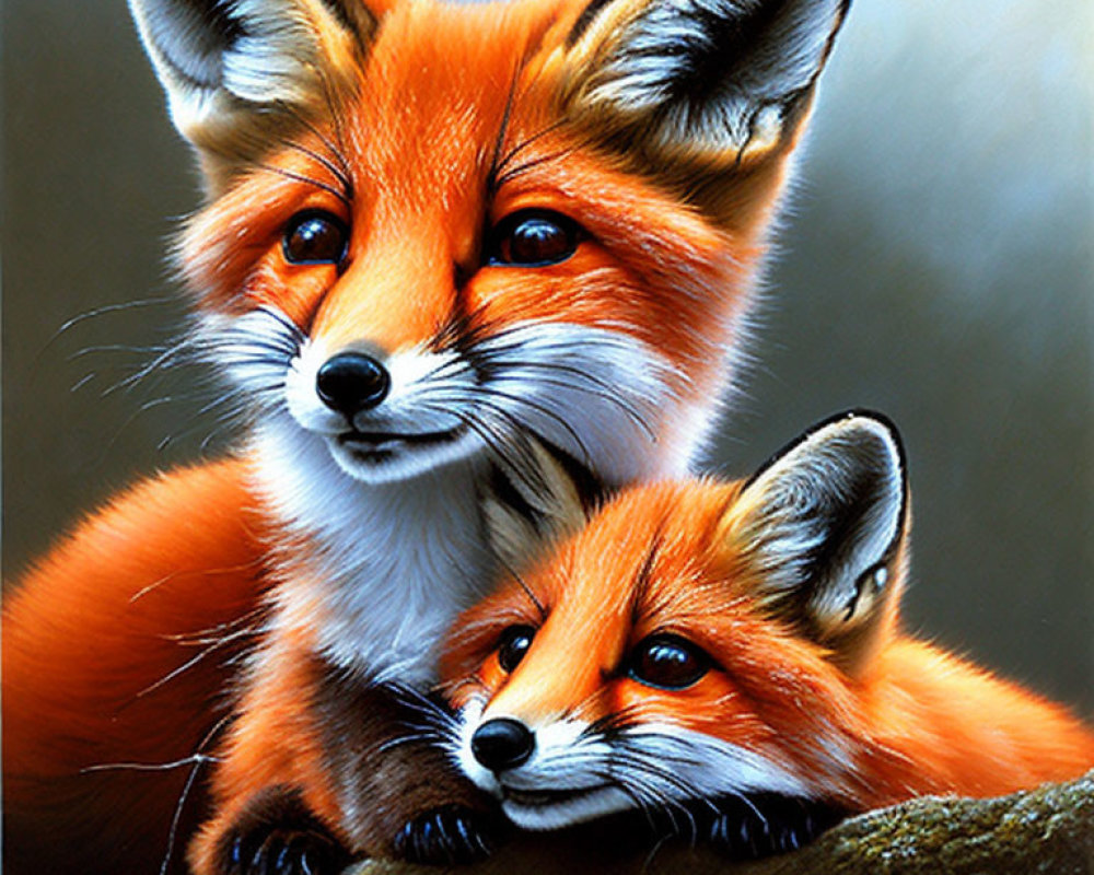 Vividly colored red foxes with fluffy fur and piercing black eyes.